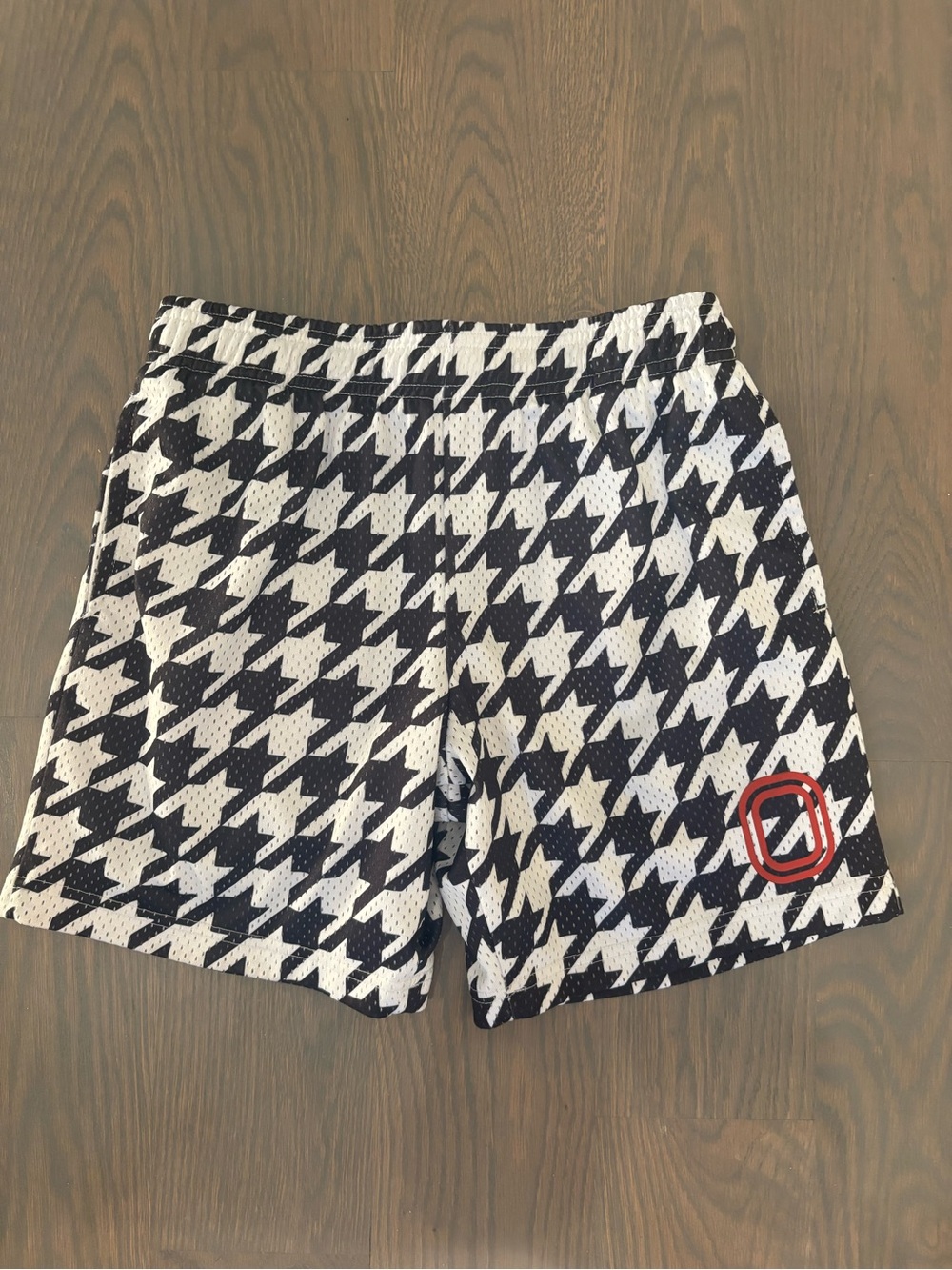 Overtime Boys’ Black & White Houndstooth Athletic Shorts with Red Accent